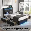 A bedroom scene featuring a black upholstered bed with LED lighting and storage drawers. Podgląd zdjęcia produktu