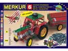 The image shows the packaging of a Merkur construction kit, featuring a tractor and trailer model. It also displays flags of various countries and text indicating the number of models that can be built. Podgląd zdjęcia produktu
