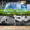 A collage image showing a robotic lawnmower in action on a lawn, with feature callouts, and then two contrasting images of manual lawn care. Produktbild-Vorschau