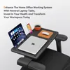 A laptop table attached to a chair, with a laptop, tablet, phone, mouse, and coffee cup on it. Náhľad obrázku produktu