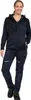 A woman stands facing the camera, wearing a navy blue hooded jacket and matching navy blue work pants. She is smiling. Produktbild-Vorschau