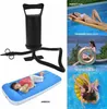 Collage showing a hand pump, an airbed with a child, and people using pool inflatables. Produktbild-Vorschau