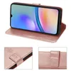 A collage showing a rose gold flip phone case with a phone inside, and close-ups of the case's closure and embossed floral pattern. Produktbild-Vorschau