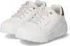 A pair of white Skechers sneakers with rose gold accents. Voir les images du produit