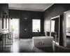 A luxurious, modern bathroom with dark marble walls and floors, featuring a freestanding bathtub, double vanity, and shower. Produktbild-Vorschau