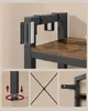 Collage showing details of a black metal and wood shelf unit. Náhled obrázku produktu