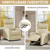 A collage showing a beige recliner chair in two different positions: upright and reclined with the footrest extended. A close-up inset shows the mechanism for the footrest. Produktbild-Vorschau