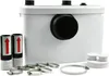 A white macerator pump unit with various accessories, including hose clamps and two cylindrical objects with red arrows, is displayed against a white background. Produktbild-Vorschau