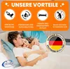 A couple sleeping in bed, with marketing text and icons above them. Produktbild-Vorschau