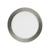 A close-up, top-down view of a round, flat LED recessed light fixture with a silver brushed metal trim and a white diffuser. Produktbild-Vorschau