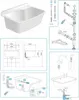 Diagrams and illustrations showing the installation and components of a sink and faucet. Produktbild-Vorschau