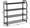 A black four-tier shoe rack with dimensions indicated by measurement lines and text. Produktbild-Vorschau