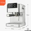 A silver Klarstein espresso machine is shown from the front-left on a white background, with dimensions indicated by lines and text. Produktbild-Vorschau