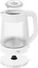 A white electric kettle is shown with its lid detached, sitting on its power base. Produktbild-Vorschau