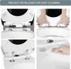 Collage of four images showing how to detach and clean a toilet seat. Produktbild-Vorschau