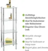 A glass shelf unit with various bathroom items and towels, accompanied by descriptive text. Produktbild-Vorschau