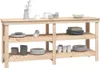 A wooden workbench with shelves filled with dishes and kitchenware. Anteprima dell’immagine prodotto