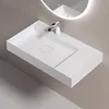 A modern white wall-mounted sink with a chrome faucet, set against a neutral gray wall. Produktbild-Vorschau