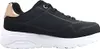 A side view of a black Skechers Uno Lite sneaker with a white sole and gold accents on the heel. Voir les images du produit