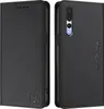 A black leather flip wallet case for a smartphone, shown from the front and back. Produktbild-Vorschau