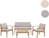 A wooden garden furniture set with cushions, including a bench, two chairs, and a coffee table, displayed on a white background. Voir les images du produit
