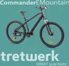 A black electric mountain bike is shown against a teal background with text overlays. Produktbild-Vorschau