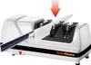 A white electric knife sharpener with a knife being inserted into it. An orange arrow points downwards, indicating the direction of insertion. Produktbild-Vorschau
