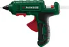 A green and black hot glue gun with a red trigger and a white glue stick inserted. Produktbild-Vorschau