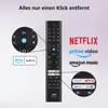 A remote control is shown with callouts highlighting its features and app shortcuts, alongside logos of streaming services. Produktbild-Vorschau