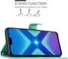 A teal flip case for a smartphone is shown open, displaying the phone's screen. Above the phone case, there are illustrations of the case in different stand positions. Náhled obrázku produktu