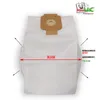 A white vacuum cleaner bag with measurement indicators and a logo. Produktbild-Vorschau