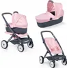 A collage of three images showing a pink and gray 3-in-1 doll stroller with a bassinet attachment and a separate stroller seat. Produktbild-Vorschau