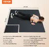 A woman is doing a push-up on a black interlocking floor mat. The mat is shown with dimensions and product details. Produktbild-Vorschau