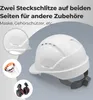 A white construction helmet with accessories like a face shield and ear defenders shown in inset circles. Text describes the helmet's features. Produktbild-Vorschau