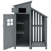 An open, gray wooden garden shed with shelves inside and an open storage area on the right. Anteprima dell’immagine prodotto