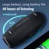 A black portable speaker is shown with text overlays highlighting its battery life and capacity. Produktbild-Vorschau