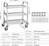 A 3-tier stainless steel utility cart with dimensions and specifications listed. Voir les images du produit