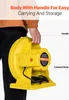 A person is holding a yellow blower fan, highlighting its handle and compact body. Anteprima dell’immagine prodotto