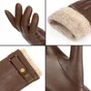 Collage of close-up shots of brown leather gloves with beige knitted cuffs. Produktbild-Vorschau