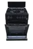 A black gas stove with its oven door open, shown from the front. Produktbild-Vorschau