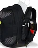 A black backpack with gray checkered accents is shown with its side pocket open, revealing various items inside. Podgląd zdjęcia produktu