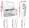 A collage of images showing a white electric hand mixer with its accessories and dimensions. Produktbild-Vorschau