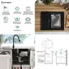 A collage of images showing a kitchen sink, faucet, and diagrams of its features and dimensions. Produktbild-Vorschau