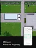 An aerial view of a lawn with a swimming pool and a house, showing mapped zones for a robotic lawnmower, with a smartphone displaying the app interface. Produktbild-Vorschau