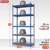 A blue metal shelving unit with several weights on its shelves, indicating load capacity. Anteprima dell’immagine prodotto