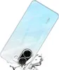 A transparent phone case is shown at an angle, appearing to be dropped or impacting a surface. Produktbild-Vorschau