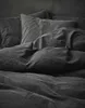 A close-up view of rumpled dark gray bedding, including pillows and a duvet cover. Produktbild-Vorschau