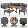 A sectional outdoor furniture set with a coffee table and ottomans, featuring close-up diagrams of material and cushion features. Voir les images du produit