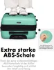 A person's legs and feet are standing on a mint green suitcase. There is text and an informational icon with a diagram. Produktbild-Vorschau
