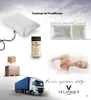A collage of images related to packaging, shipping, and the use of a pillow, with a woman sleeping on a pillow in the background. Produktbild-Vorschau